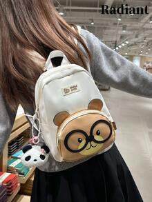 可爱卡通熊背包，拼接设计，适合学生、上学、短途旅行、郊游和购物。 - 白色 - 查看 3