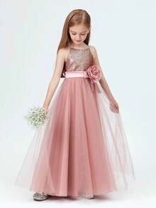 青少年女孩亮片吊带背心网眼优雅派对礼服、公主裙、女孩生日派对、婚礼、伴娘、圣诞节、正式场合庆祝礼服 - 粉色 - 查看 2