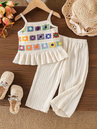 Baby Girls' Strawberry Crochet Strap Outfit, Summer New Breathable Soft 2pcs Set - Ruffled Camisole Top + Loose Wide Leg Pants, Cute & Sweet Infant Outerwear