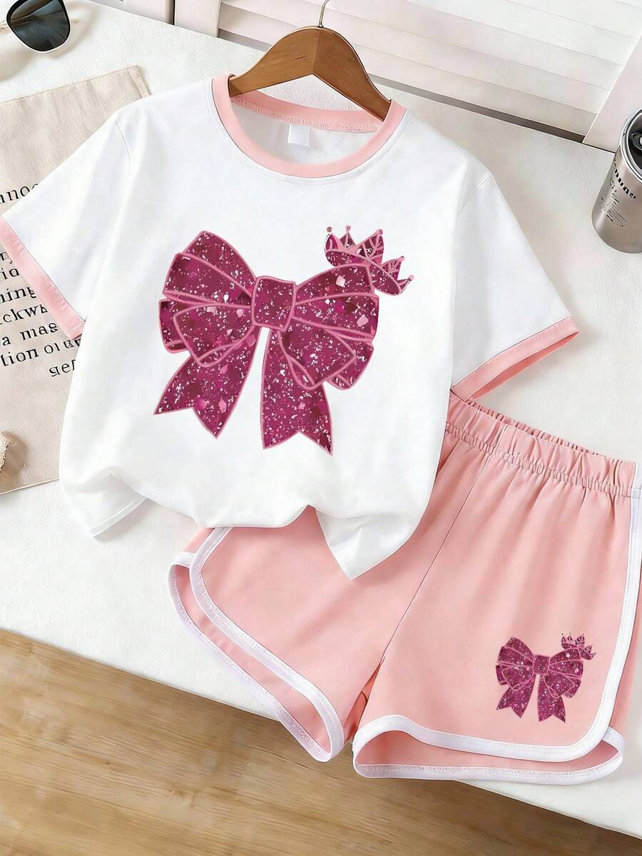 2pcs/Set Girls' Outfit, Short Sleeve Top And Sports Shorts, Pink And White Color Blocking Design With Bow And Crown Pattern, Suitable For Summer Wear - Multicolor - View 1