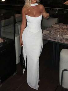 [Spring/Summer Style] Best-Selling New Arrivals Women's New Summer 2 Pieces Set: Backless Crop Top And High-Waisted Fitted Midi Skirt - Elegant And, Suitable Cocktail Parties, Birthday Celebrations, And Nightclubs Wedding White Spring - 嬰兒藍 - 查看 2