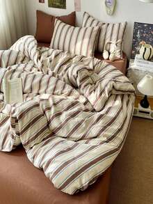 三件套条纹被套（1个被套+2个枕套，不含被芯和枕头），复古风，条纹被套套装，简约褶皱床品 - 咖色 - 查看 2