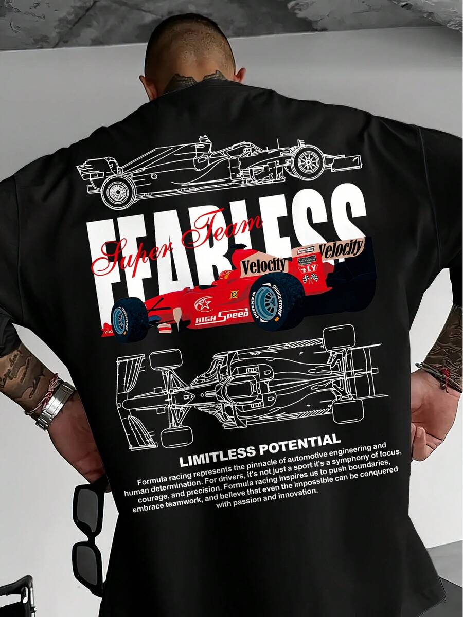 Men's Racing T-Shirt With Formula And Slogan Print - Relaxed Fit Casual T-Shirt With Technical Drawings And Bold Motorsport Prints, 100% Polyester, Machine Washable, Comfortable For Everyday Wear, Suitable For Racing Events And Leisure Outfits, Spring Outfit, Cotton T-Shirt, Men's T-Shirt - màu đen - Xem 1