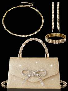 4pcs Luxury Sparkling Jewelry Set For Women, Formal Party Handbag With Rhinestone Bow Decor, Bridal Wedding Gift Set, Suitable For Party, Wedding, Prom, Formal Dinner, Perfectly Matched With Holiday Party Dress, Essential Accessory For Wedding & Party - Champagne - View 12