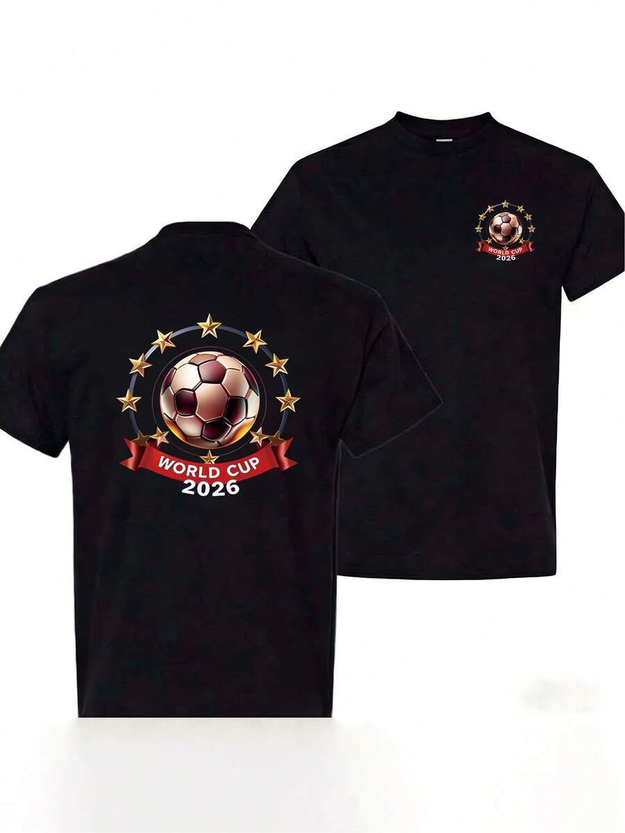 Maglietta Unisex 100% Cotone con Stampa Fronte-Retro della Coppa del Mondo 2026, T-shirt Nera Vintage Minimalista con Grafica per Abbigliamento Casual da Esterno e Vacanze, Taglie S-3XL - nero - Visualizzare 1