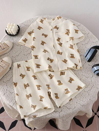 Timzgo 2pcs Kids Short Sleeve Set, Cotton Printed Short Sleeve Shirt, Boys Summer Casual Beach Shorts Outfit, Children Summer Outdoor Wear, Bear Print Short Sleeve Shirt & Shorts 2-Piece Set