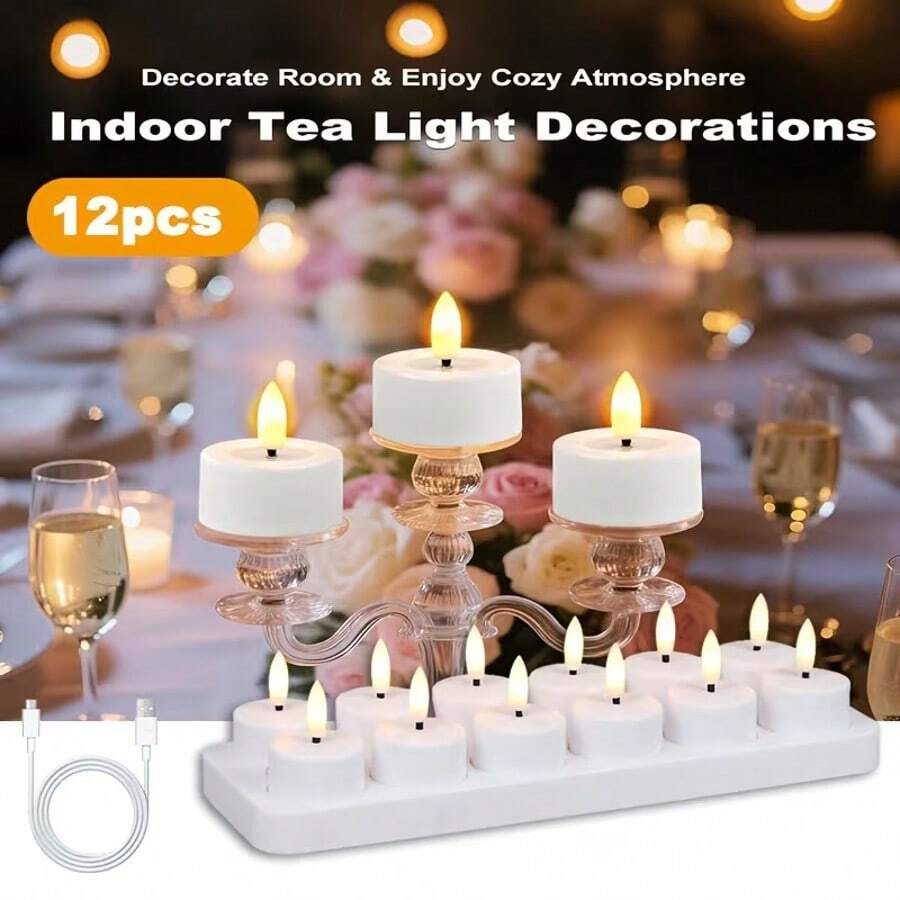 12 Pack Rechargeable Flameless LED Candles  Includes Remote Control And Charging Base, Featuring Realistic Flickering Flame Effect And Plug And Play Timer  Ideal For Weddings, Birthdays, Valentine S Day, Parties, And More - 12 cái - Xem 1