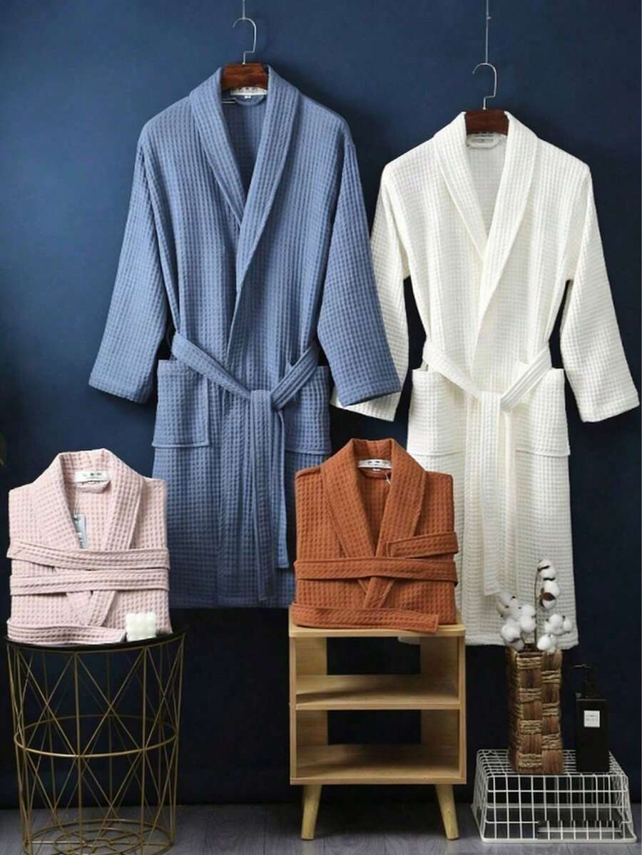 1pc Waffle Weave 100% Cotton Bathrobe, Unisex Adult Kimono Style Robe, Spring/Summer Sleepwear, Hotel/Spa Use, Absorbent & Quick Dry, Loose Fit, Multi-Color, Bathroom & Home Essentials - Multicolor - View 1