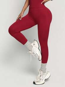 Deep Red High Waist Seamless Yoga Pants - High Elasticity Butt Lifting Shaping Fitness Leggings - Quick Dry Breathable Base Layer Sports - Burgundy - View 4