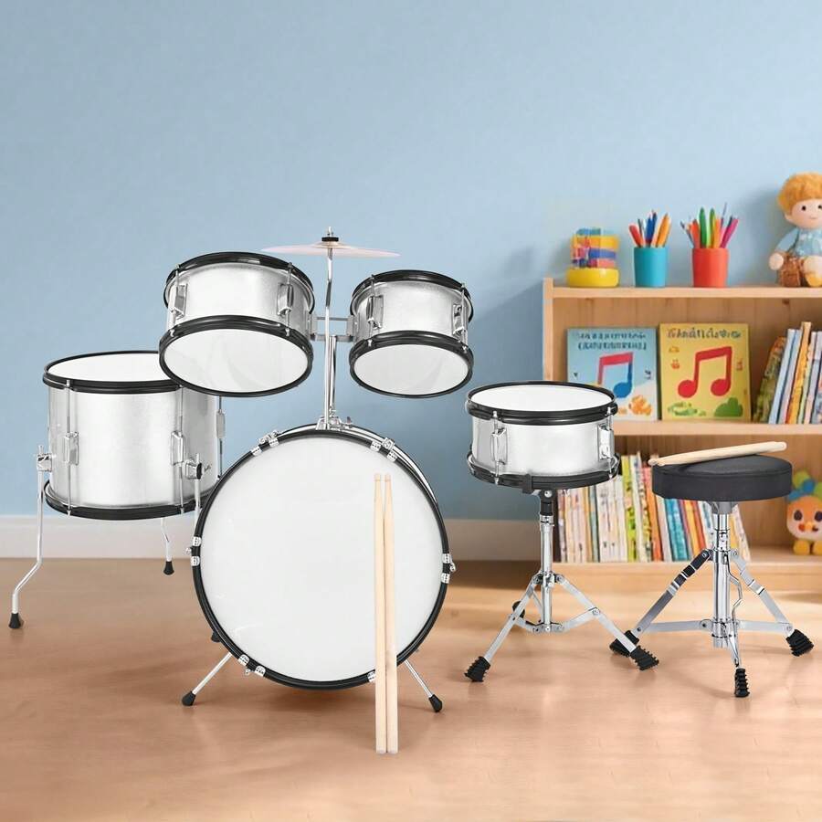 Schlagzeug Set, 5-teilig, inkl. 40,6 cm Basstrommel, 25,4 cm Snare, 20,3 cm & 25,4 cm Tomtoms, 33 cm Standtom, 25,4 cm Crash-Becken & 20,3 cm Hi-Hat, für Kinder von 6–13 Jahren Silber - Silber 5-teilig - Übersicht 1