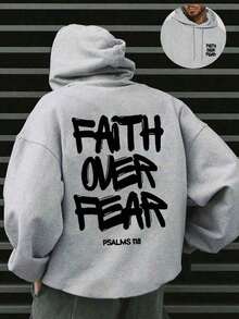 Faith Over Fear, Letter Print Pocket Hoodie, Men's Casual Long-Sleeve Drawstring Style, Autumn & Winter New-Unisex Loose-Fit Hooded Sweatshirt-K88 - 灰色 - 查看 9