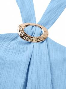 abyoxi Women's Light Blue Textured Ruched, Halter Neck, Metal Ring Detail, Bubble Hem Short Dress, Casual And Sweet, Beach Vacation, Everyday Going Out, Date, Spring Summer Mini Dresses - Light Blue - View 8