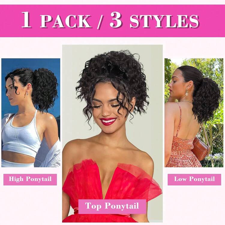 Curly Ponytail Extension,Drawstring Ponytail For 8 Inch Synthetic Short Hair Two Styles In One Versatile Pony Tails - Multicolor - View 5