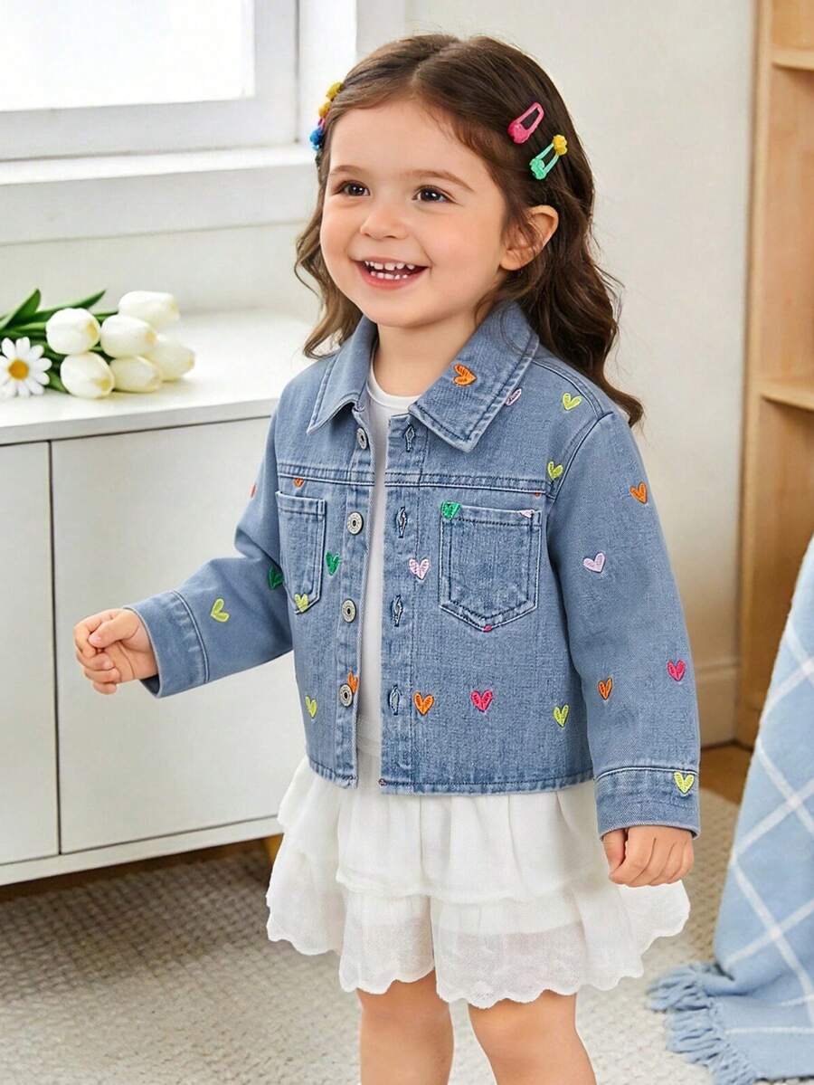New Girls Toddler Asymmetrical Heart Embroidery Cute Casual Denim Jacket, Spring/Summer/Autumn