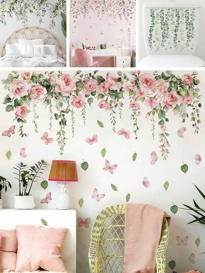 BRUP Bộ 1/2 tờ giấy dán tường hình hoa hồng và bướm màu hồng, họa tiết dây leo hoa lá ngộ nghĩnh với những chú bướm bay lượn, thích hợp trang trí phòng ngủ bé gái, phòng khách, nhà bếp. Giấy dán tường có thể bóc dán dễ dàng, mang chủ đề nghệ thuật mùa xuân hè phong cách Cottagecore cho phòng trẻ em.