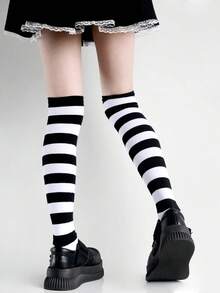 1双女士过膝条纹袜，百搭日常穿着 - 黑與白 - 查看 5
