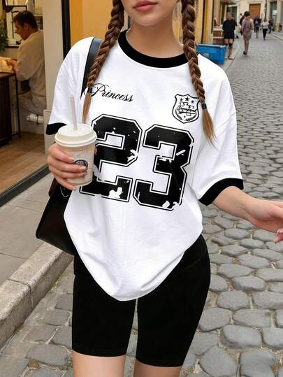 2pcs/Set Vintage Sports Outfit For Teenage Girls, Loose "23" Number & "Princess" Mesh T-Shirt Paired With Bike Shorts, Casual Street Style For Summer Back To School