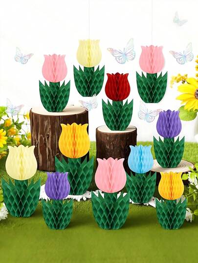 6pcs Tulip Honeycomb Decorations, Tulip Flower Center Decor, Spring Party Decorations, Spring Center Decor, Suitable For Mother's Day, Spring Party, Women's Day, Birthday Party Decorations, Holiday Home Party Supplies