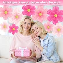 9pcs Fuchsia & Gold Glitter Paper Flower Wall Decor Set, Includes Paper Fans & Floral Backdrop, Suitable For Classroom, Wedding, Mother's Day And Spring/Summer Party Decoration - View 3