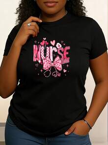 2026 Women' Nurse Letter Print Theme T-Shirt - Nursing Top With Heart Pattern, Bowknot And Stethoscope Design - - 黑色 - 查看 2
