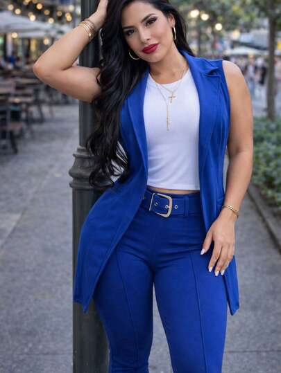 Set 3 pzs chaleco blusa pantalon tela suave crepe casual formal elegante