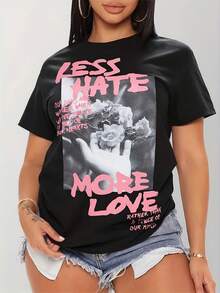 Wo Casual Pattern Print With Dropped Shoulders T Shirt |   Black And Pink,Short Sleeve Round Neck,Loose-Fit Top,With Leopard-Print Lips And XOXO Patte - Black - View 2