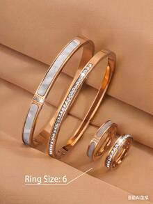 4pcs Stainless Steel Inlaid Shell Plated Gold Bracelet & Ring Set, Waterproof & Fade-Resistant, Suitable For Women's Daily Wear, Holiday Gift - SGS510 Gold - View 20