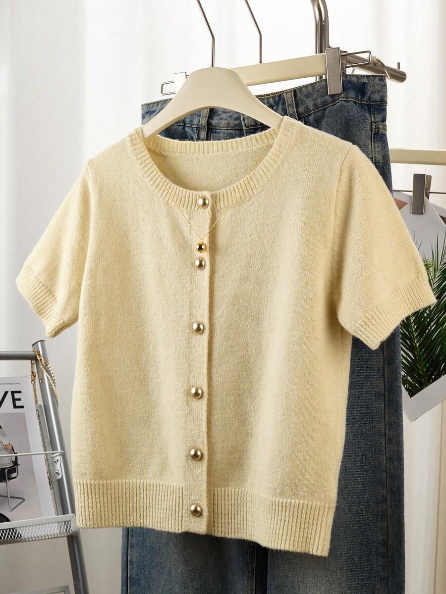 Women's Gray Button Cardigan - Casual Fashionable Short Sleeve Cardigan, Stretchy, H-Shaped Silhouette, Suitable For Spring And Summer, Ribbed Detail Design, Button Closure, Breathable Fabric, Cardigan Style, Essential Spring/Summer Item