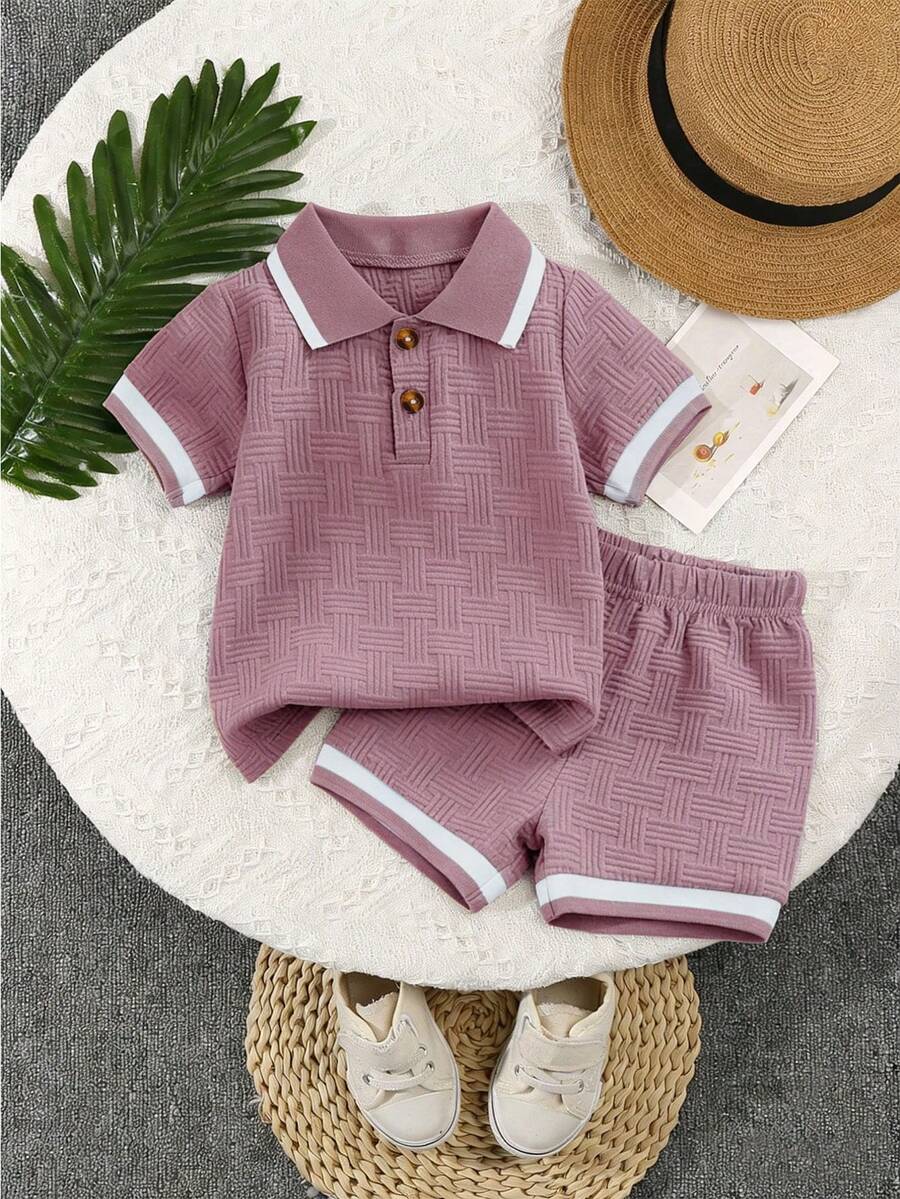 2pcs/Set Infant Boys' Jacquard Polo Shirt And Casual Shorts, Summer - Mauve Purple - View 1