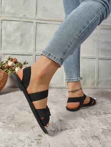 女士交叉弹力带平底凉鞋，时尚舒适宽松透气户外休闲轻便百搭优雅沙滩平底凉鞋 - 黑色 - 查看 5