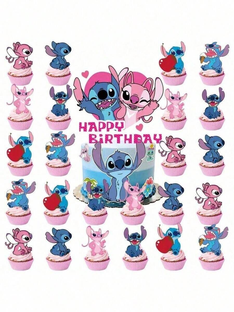 Disney 25pcs Pink Stitch Theme Birthday Party Decorations, Cake Toppers, Home Birthday Party Decor, Halloween & Christmas Decorations - Multicolor - View 1