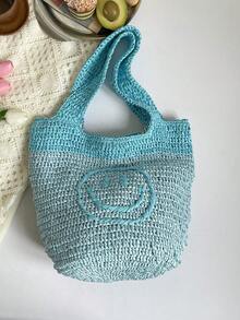 Túi tote đan bằng rơm hình mặt cười tươi mát mùa hè, thiết kế khoét rỗng, dung tích lớn, túi đeo vai nữ thường ngày cho kỳ nghỉ biển. - Màu xanh lam - Xem 8