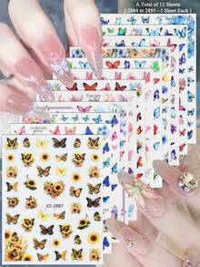 3/6/12件套复古蝴蝶花朵美甲贴纸套装，优雅美甲设计转印贴纸 - 彩色 - 查看 16