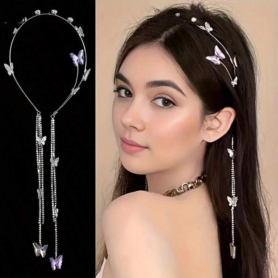 Diamond-Studded Butterfly Fairy Tassel Headband, Light Luxury Forest Style, Ultra-Fairy Headpiece, High-End Niche Design Headband Hair Accessory - Băng đô hình bướm hai lớp nhiều màu sắc (màu bạc) - Xem 1