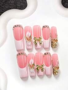 10件套轻奢甜美风手工美甲套装，凝胶美甲套装，包含蝴蝶结、蝴蝶结、爱心美甲配件和捏花瓣美甲装饰，粉白色指甲油，高端法式风格，附赠美甲工具（1张果冻贴纸+1把指甲锉），三种尺寸可选：杏仁形、鸭形、棺材形，适合聚会、日常、派对、拍照、玩乐、约会、春夏、通勤等场合。 - 彩色 - 查看 16