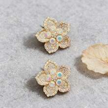 法式优雅湖蓝色珠光水钻花朵耳环，微镶全钻工艺，柔和闪亮通勤耳环 - 彩色 - 查看 6