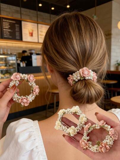 1个珍珠玫瑰花发圈，高弹力编织优质发绳，适合女孩使用