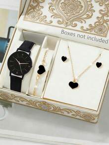 Muttertag, Damen Uhr, 1 Set, modisch, Lässig, Quarz Damen Uhr Set mit rundem Zifferblatt, Herz-förmige Halskette, Ohrringe und Armband Schmuckset, geeignet für den täglichen Gebrauch, Geburtstagsgeschenk, Schulanfang, Thanksgiving, Paargelegenheiten, perfektes Geschenk (ohne Verpackung) - Schwarz - Übersicht 7