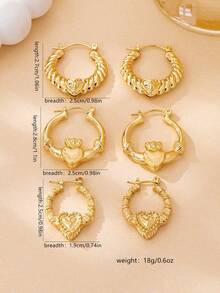 3 Pairs Fashionable Minimalist Metallic Carrot, Heart, Hoop Earrings, Suitable For Teenage Girls Daily And Holiday Wear - Gold - View 6