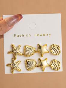8pcs Starfish & Shell Textured Earrings, Suitable For Daily And Vacation Outfits - Gold - View 5