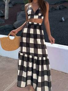 Bohemian-Stil kariertes 2-teiliges Set: Trägertop + hochgeschnittener Rüschenrock, geeignet für Sommer, Y2K Retro, minimalistische Mode, schwarz-weiß kariertes Muster, hochgeschnittener Rock, Bohemien-Stil, Oma-Strandstil, Straßenmode, Outfit für Frühling/Sommer 2026 - Schwarz und Weiss - Übersicht 2