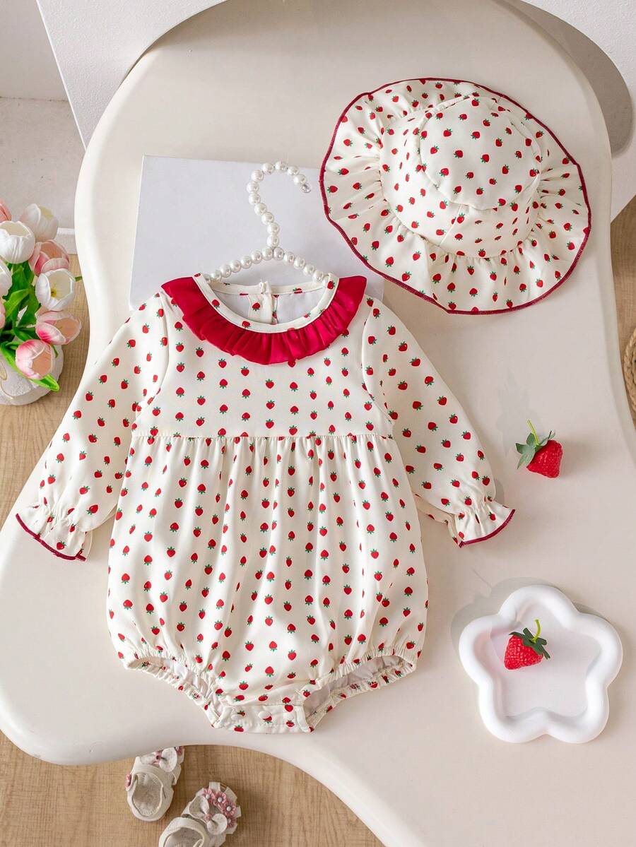 Set de 2 piezas de pelele y gorro de manga larga para bebé niña, ropa casual y linda para recién nacidos, para primavera y otoño - Albaricoque - Ver 1