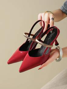 Tacones altos de punta fina con lazo de strass plateado, de tacón alto y delgado, de estilo slip-on - Rojo - Ver 6
