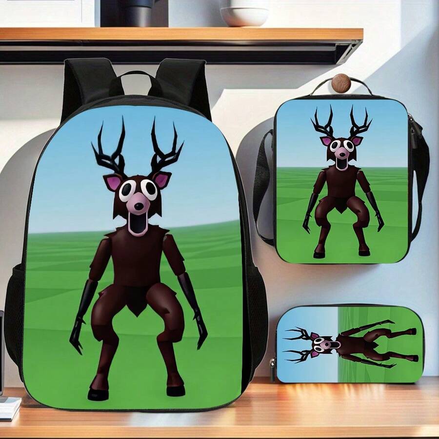 99 Night In The Forest 3pcs Cartoon Design Backpack Collection, Easy To Carry And Foldable With Adjustable Straps, Featuring A Spacious Casual Double Shoulder Backpack, A Pencil Case, And A Messenger Bag Suitable For School Or As A Birthday Present - 3pcs - 查看 1