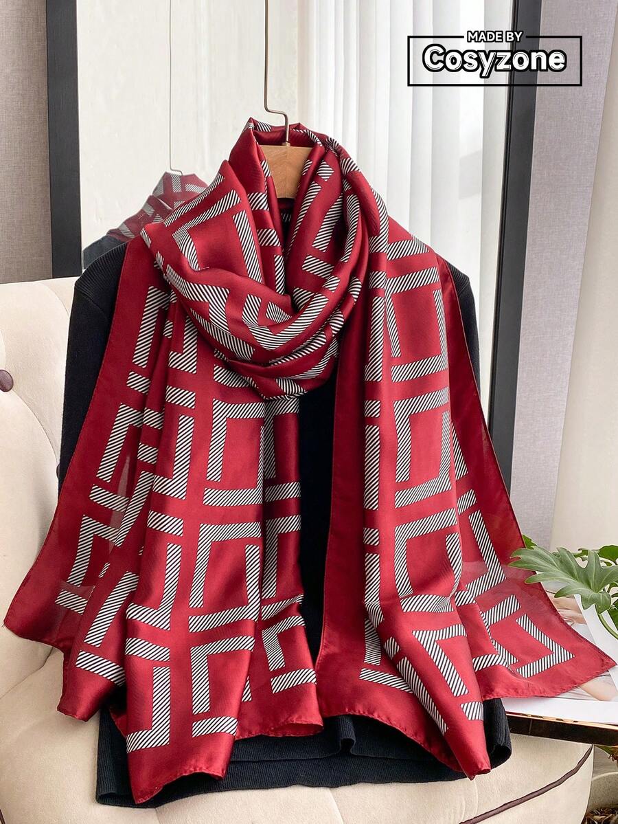 1 pieza Pañuelo de seda sintética con estampado geométrico elegante, chal versátil para mujer, adecuado para la playa, protección solar, accesorio de moda, vacaciones, accesorios, esencial de viaje - Rojo - Ver 1
