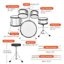 Schlagzeug Set, 5-teilig, inkl. 40,6 cm Basstrommel, 25,4 cm Snare, 20,3 cm & 25,4 cm Tomtoms, 33 cm Standtom, 25,4 cm Crash-Becken & 20,3 cm Hi-Hat, für Kinder von 6–13 Jahren Silber - Silber 5-teilig - Übersicht 10