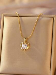 1pc Gold-Plated Necklace, Hollow Heart Pendant, Teardrop Cut, Inlaid With Ruby, Emerald, Sapphire, Pink Cubic Zirconia, Delicate O-Shape Chain, Suitable For Women's Daily Wear, Birthday Party, Valentine's Day, Wedding, Mother's Day, Engagement - Multicolor - View 3