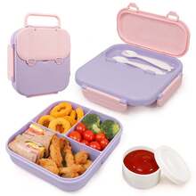 Caperci Caja bento clásica - Caja de almuerzo a prueba de fugas con 3 compartimentos, contenedor de aperitivos con tenedor, cuchara y taza pequeña para salsa, asa portátil, resistente a caídas, apta para microondas y lavavajillas - Multicolor - Ver 1