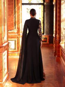 [Random Print] SUPGIR Women's Elegant Spaghetti Strap Backless Sequin Patchwork Satin Sexy High Slit Maxi Evening Dress - Black - View 3