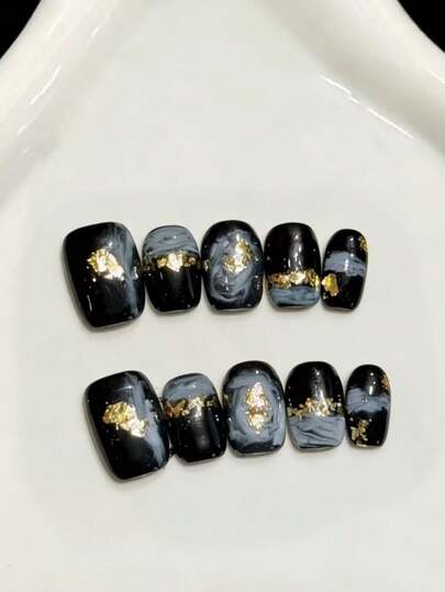 10PCS Short Coffin Handmade Press On Nails For Party And Daily Wear,Black Nails,Playful Graffiti Sweet & Cool Unique Painted Smudge Gold Foil Press-On Nails,Summer Nail, Easy To Wear 10pcs Y2K Handmade Press On Nails,Shining Bright , Nails,Suitable For Girls And Women Festivals Parties And Daily Wear.Suitable For Spring And Summer
